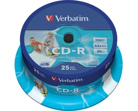 Verbatim CD-R-medie på spindel med blå, printbar overflade, 700 MB kapacitet og 52x indspilningshastighed.