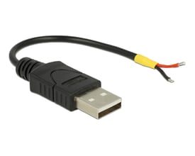 Delock USB 2.0-kabel på 10 cm med sort Type-A-hanstik og røde og sorte åbne ledere til 5 V.