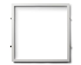 En hvid indbygningsramme til Ragnhild 600x600 LED paneler, vist på en hvid baggrund med skygge.