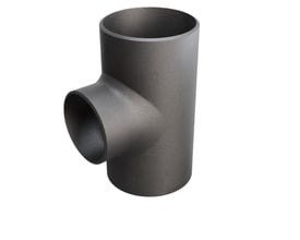 Grå tee rørfittings i p235gh stål med dimensioner 114,3/3,6 x 88,9/3,2 mm på hvid baggrund.