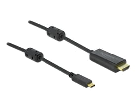 Sort aktivt Delock USB Type-C til HDMI-kabel med synlige stik og cylindriske buler på kablet, 5 meter og 4K ved 60 Hz.