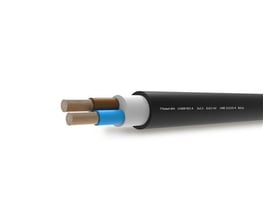 Sort, halogenfrit B2ca kabel med 2x2,5 mm ledere i blå og brun farve, med tydelig mærkning på yderkappen.