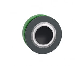 Schneider Electric ZB5FW913 flush trykhoved med LED-ring og hvid overflade, vist fra oven på en hvid baggrund.