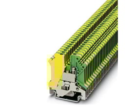 Detalje af Phoenix Contact USLKG 3 jordklemme monteret på DIN-skinne, viser skruetilslutning og gul/grøn farvekodning.