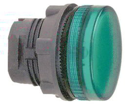 Schneider Electric ZB5AV033 grønt lampehoved til LED, med grå bagside, visende den grønne linse og plastmateriale.