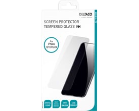 Emballagen til Deltaco skærmbeskytter med 'Screen Protector Tempered Glass 9H' og kompatibilitet for iPhone 13/13 Pro/14.