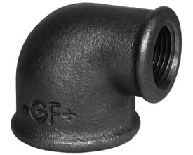 Georg Fischer 90 graders sort vinkel i støbejern med gevind i begge muffeender, 1½" x 1¼".