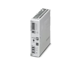 Phoenix Contact TRIO3-PS/1AC/24DC/5 strømforsyning i hvidt plastik med mærkatdetaljer for indgang og udgang.