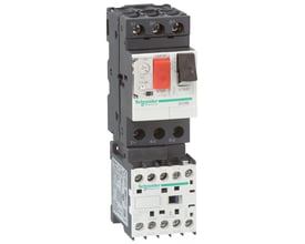 Schneider Electric kombistarter GV2ME med justerbar strømindstilling og integreret stop/start knap, monteret på en kontaktor med 24V DC spole.