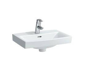 Laufen Pro N håndvask i hvid porcelæn, 500 x 360 mm, med monteret krom armatur og centralt hanehul.