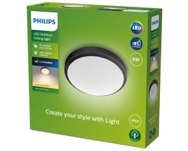 Philips Lighting Doris loftlampe i sort, 6W, 2700K, 600 lm og IP44 klassificeret, vist i original emballage med produktinformation.