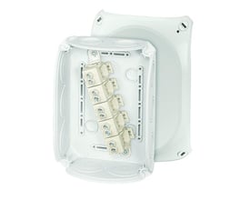 Detalje af Hensel forgreningsdåse DK1010G, viser den 5-polet klemme med skrueterminaler.