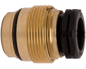 IMI TA 2"x32mm to-trins reducering PN16 i messing med sort plastmøtrik og trykskrue på hvid baggrund.