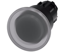 Siemens SIRIUS ACT paddehattrykknap i klar plast, 22mm, med 40mm diameter og låsemekanisme.