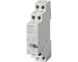 Siemens kiprelæ med central ON/OFF, 230 V og 16 A, vist forfra og fra siden med synlige tilslutningsklemmer.