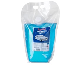 Cab-Dan sprinklervæske i en gennemsigtig pose med blå væske, mærkat og indhold på 3 liter.