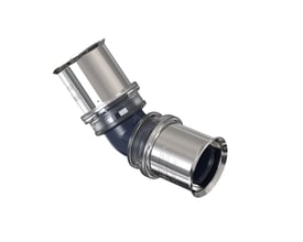 Wavin Tigris K5 vinkel 45° med 40mm dimension, lavet af PPSU plast med rustfri preskapper på hvid baggrund.