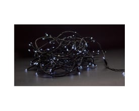 Sammenfiltret 9 meter lang LED julelyskæde med 120 hvide LED-lys og sort kabel, klar til brug udendørs.