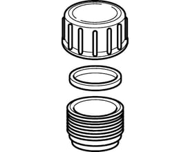 Tegning af Geberit slutmuffe i sort PEH, 40 mm, med låget, ringen og muffedelen vist separat.
