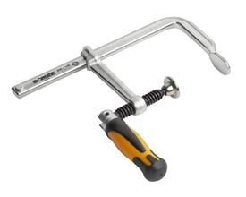 Ironside smedet skruetvinge på 200 x 100 mm med kipgreb, vist skråt med sølvfarvet skinne og sort-gult håndtag.
