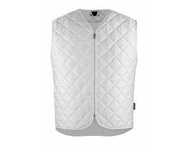 Mascot termovest 14548 i hvid, størrelse M, med ultralydssvejset quilt, lynlås og forlænger ryg på hvid baggrund.