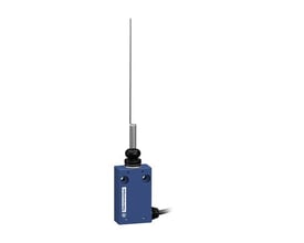 Telemecanique Sensors XCMH2106L2 miniature-endestopkontakt med blå kontaktkasse, knurhårsarm og sideført kabel.