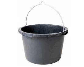 Sort, rund murerbalje fra Ironside på 45 liter med metalhank, vist skråt forfra med den åbne top synlig.