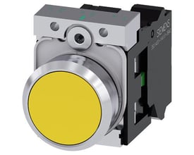 Siemens 22 mm trykknap i skinnende gul metal med flad knap, holder og skrue til tilslutning.