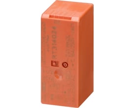 Siemens stikbensrelæ med 1 skiftekontakt, orange plastkabinet med tydelig mærkning af RT314024 og 16A/250VAC specifikationer.