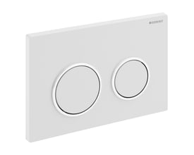 Geberit Kappa21 betjeningsplade i hvid, med to dobbelte skylleknapper, der har en hvid/krom finish.