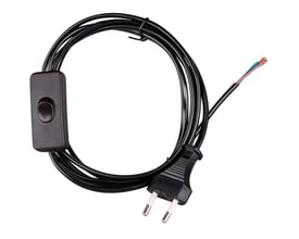 Sort 2 meter lang ledning med afbryder og hanstik, rund form og 2x0,75 mm² ledningstværsnit.