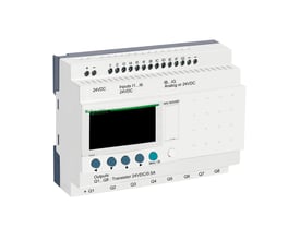 Schneider Electric Zelio Logic SR2 smart relæ med 20 I/Os, LCD-skærm og skrue-klemmer, vist forfra med tydelig branding.