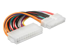 Delock ATX-strømkabel på 10 cm med 24-pin hunstik og 20-pin hanstik, hvide stik og flerfarvede ledninger.