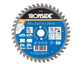 Ironside rundsavklinge til aluminium med 42 tænder, vist forfra med blå mærkat og savtakket kant.