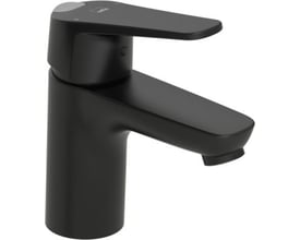 Oras Vega etgrebsbatteri i mat sort messing med 107 mm tud og koldstartsfunktion på hvid baggrund.