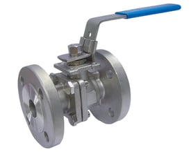 Syrefast 2-delt flangekuglehane i rustfrit stål med fuldt gennemløb og boltecirkeldiameter på 100mm.