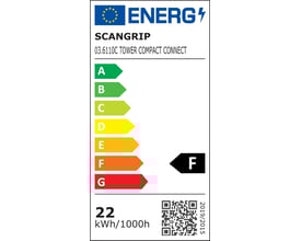 Energimærke for Scangrip arbejdslampe TOWER COMPACT CONNECT, angiver energiklasse F og et forbrug på 22 kWh/1000h.