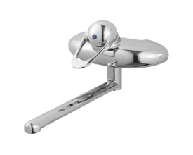 FM Mattson 9000E væghængt armatur i blank krom med 250 mm tud og 1-grebs betjening.