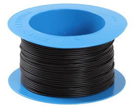 Nexans H07V2-K koblingsledning 1x2,5 sort på en blå kabeltromle, hvid baggrund.