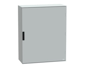 Vægmonteret Schneider Electric Thalassa PLM skab i grå polyester, vist fra siden med lukket dør og sort håndtag.