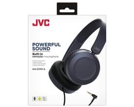 JVC HA-S31M-A-E on-ear hovedtelefoner i blå med indbygget fjernbetjening og mikrofon vist på emballagen.