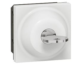 Legrand nøglekontakt 2POS RONIS601 i hvid med en sølvfarvet nøgle isat, vist frontalt.