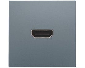 Niko HDMI udtag med terminaler til ledningsmontering i stålgrå belægning, viser HDMI porten centreret på fladen.