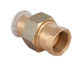 Geberit Mapress 28 mm x 1" forskruning i kobber, der viser muffe til muffe samlingen og mærkning.
