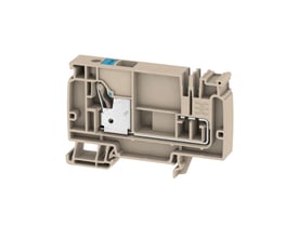 Detaljebillede af Weidmüller forsyningsklemme AAP21 10 LO BL, der viser Push IN terminalen og den blå aktiveringstast for 10mm² ledninger.