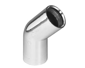 Purus 45 graders vinkel til 32 mm rør, forkromet i plastik med synlige gevind i den ene ende.