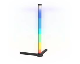 EGLO RGBIC bordlampe i sort med flere farver lys langs lampens søjle og en sort L-formet base.