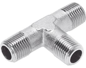 Festo T-forskruning NPFC-T-3R12-M i messing og forniklet materiale til trykluftsystemer med tre lige gevindudsatte udgange.
