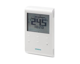Siemens RDE100.1 rumtermostat med LCD-display der viser 24,5 grader Celsius og auto ur funktion.