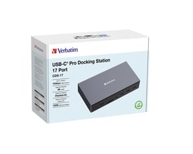 Verbatim USB-C Pro Docking Station CDS-17 i mørkegrå præsenteret i sin emballage på en hvid baggrund.